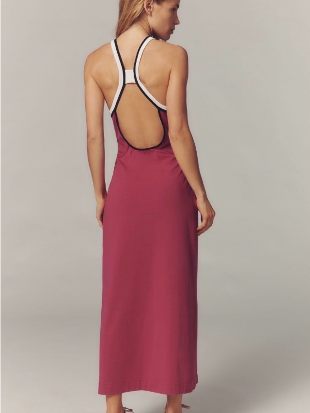 Anthropologie Rose-Mauve Racerback Maxi Dress with Black & White Trim